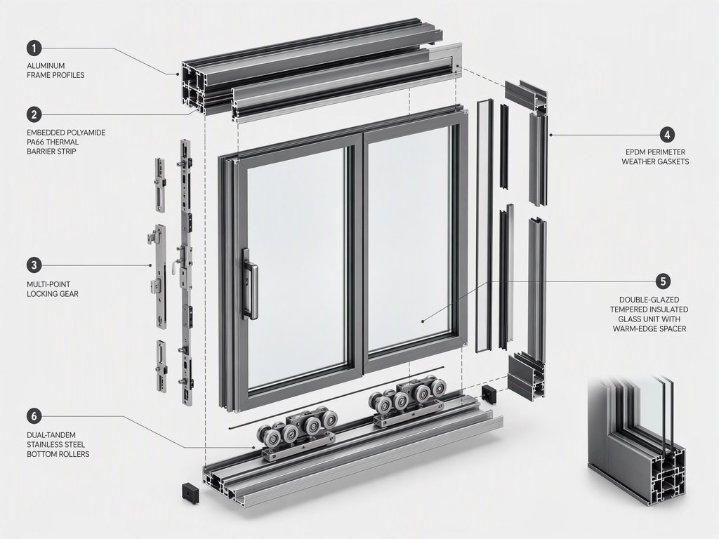 Side Pressure System Custom Aluminum Sliding Door - Engineered Exploded View & Profile Assembly