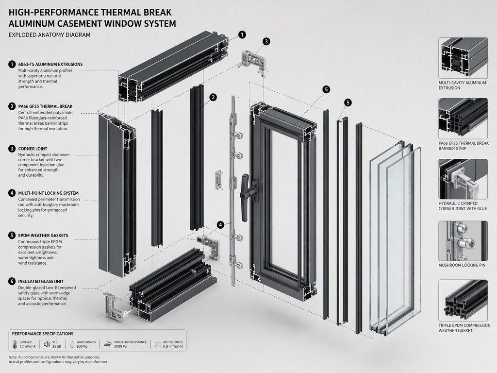 Slim Frame Panoramic Window - Thermal Break Window Exploded Component Anatomy