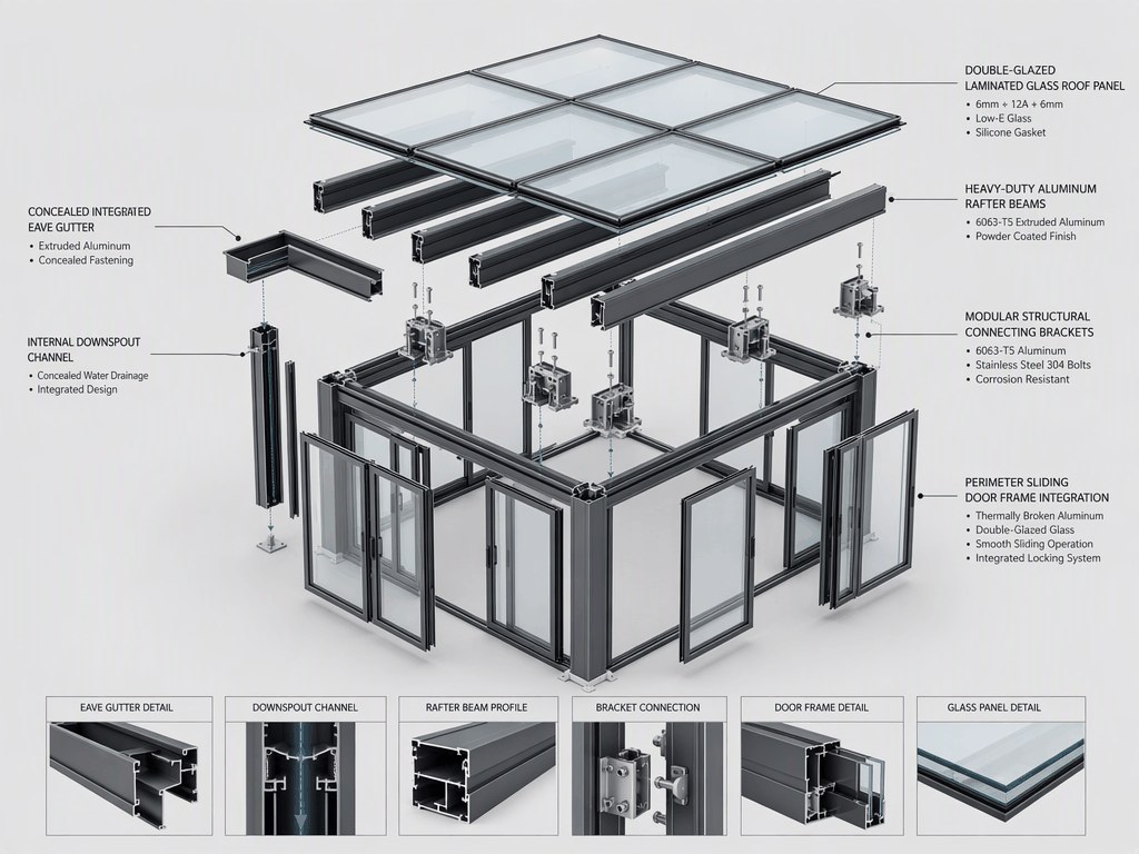Low-E Solar Control Insulated Glass Sunroom R - Modular Sunroom Structural Exploded Anatomy