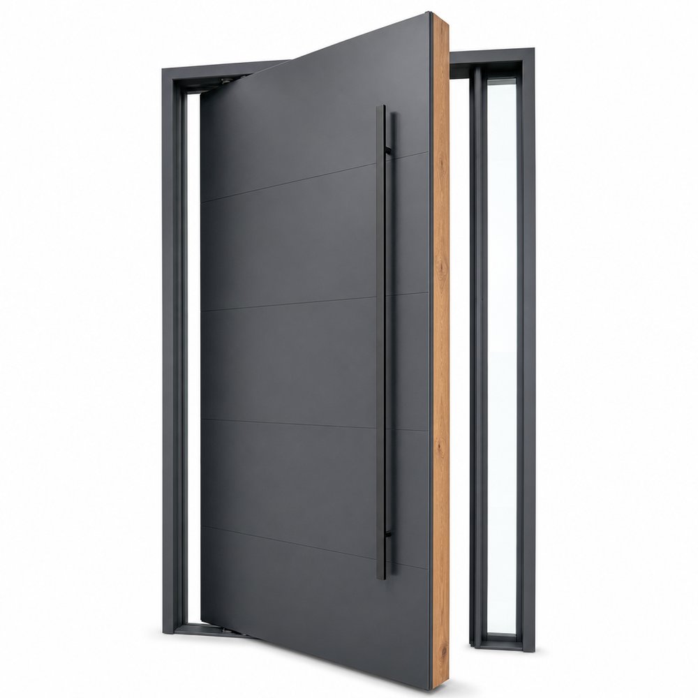 CE Certified Modern Aluminum Clad Wood Pivot Door - Exterior Perspective View | OPPGATE